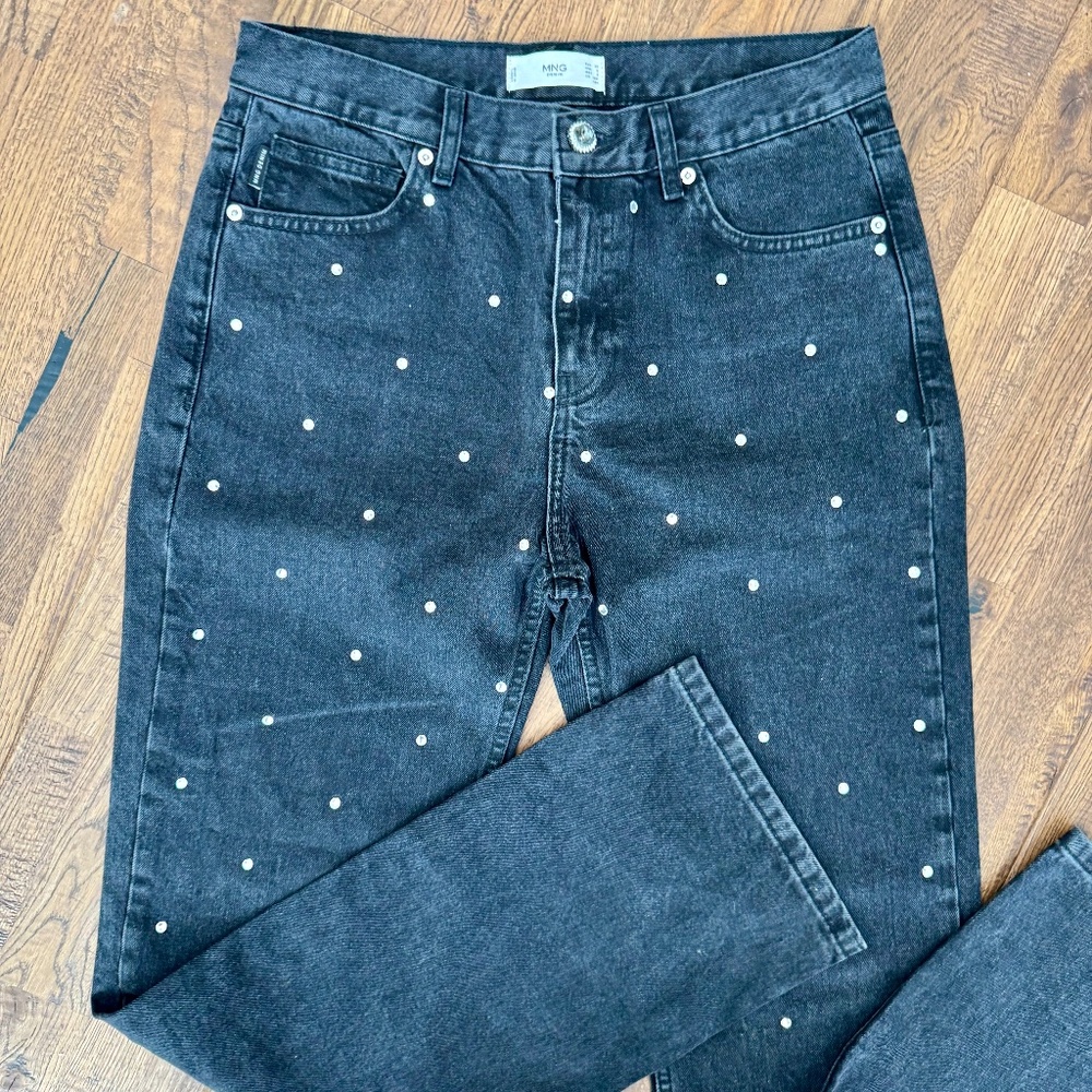 Mango MNG‎ Black Denim Jeans Rhinestones Women's Size 6 I